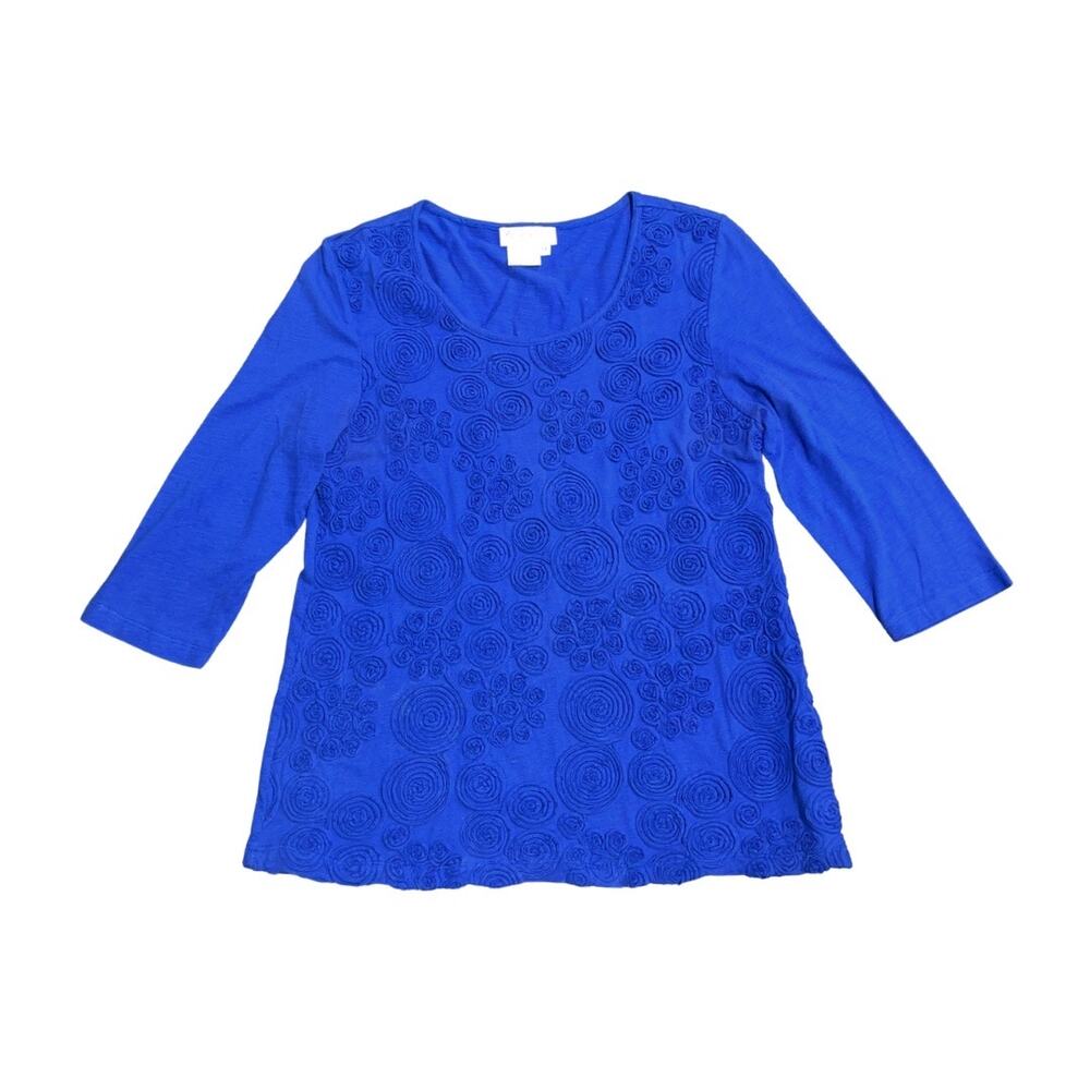 Great Cavalier Royal Blue Blouse Size Medium Floral Embroidered 100% Cotton